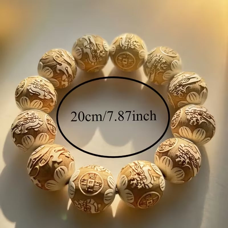 20mm El Oyması "Ejderha ve Anka" Ahşap Uğur Bilekliği