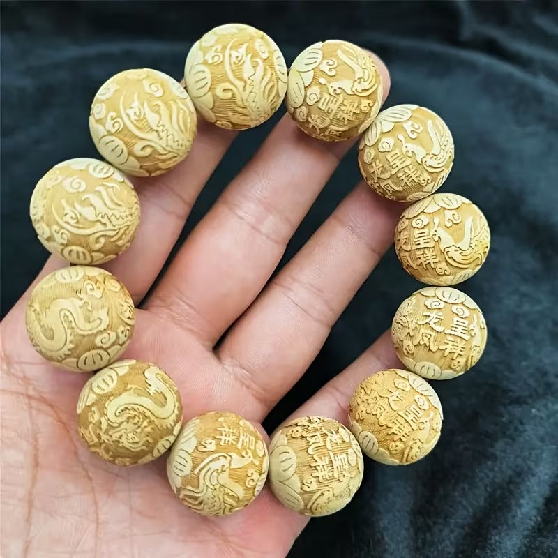 20mm El Oyması "Ejderha ve Anka" Ahşap Uğur Bilekliği